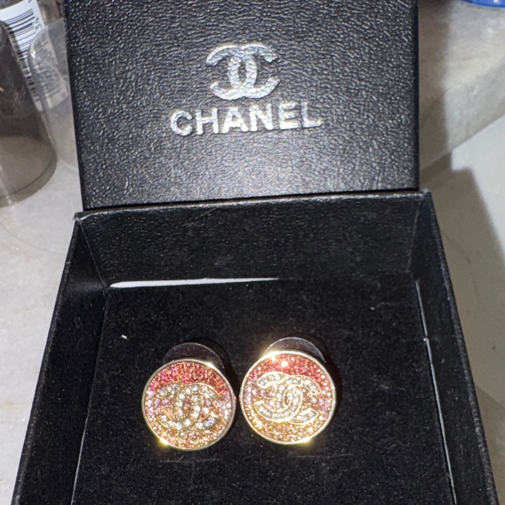 Chanel Pink and Gold Stud Earrings